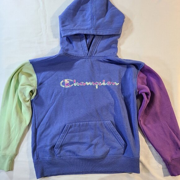 Champion Colorblock Hoodie M | Blue Green Purple Script Logo Fleece Sweatshirt - Picture 2 of 8